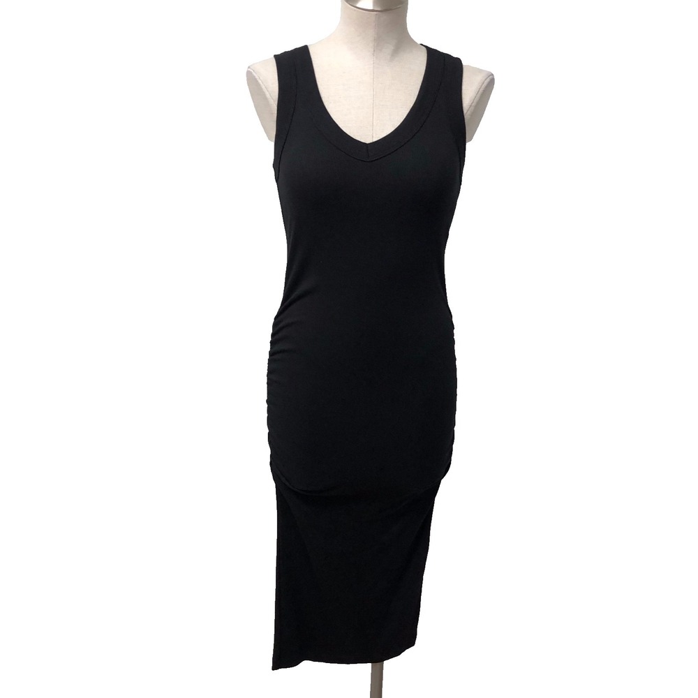 Michael Stars Ruched Ribbed Bodycon Midi Dress Womens XS Black Sleeveless